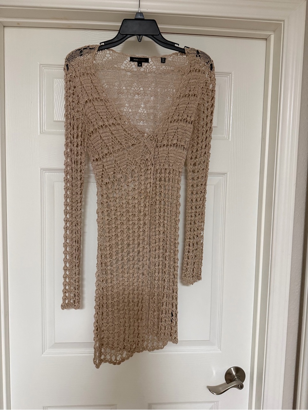 BCBGMaxAzria Beige Crochet Open-Knit V-Neck Tunic Sweater